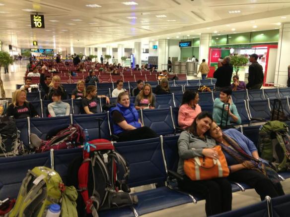 Climbers waiting in the Qatar airport for their flight to Kathmandu