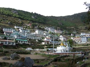 The village of Namche, where they will be trekking to tomorrow (photo by OMer and Freedom Climber, Nancy Byrne)